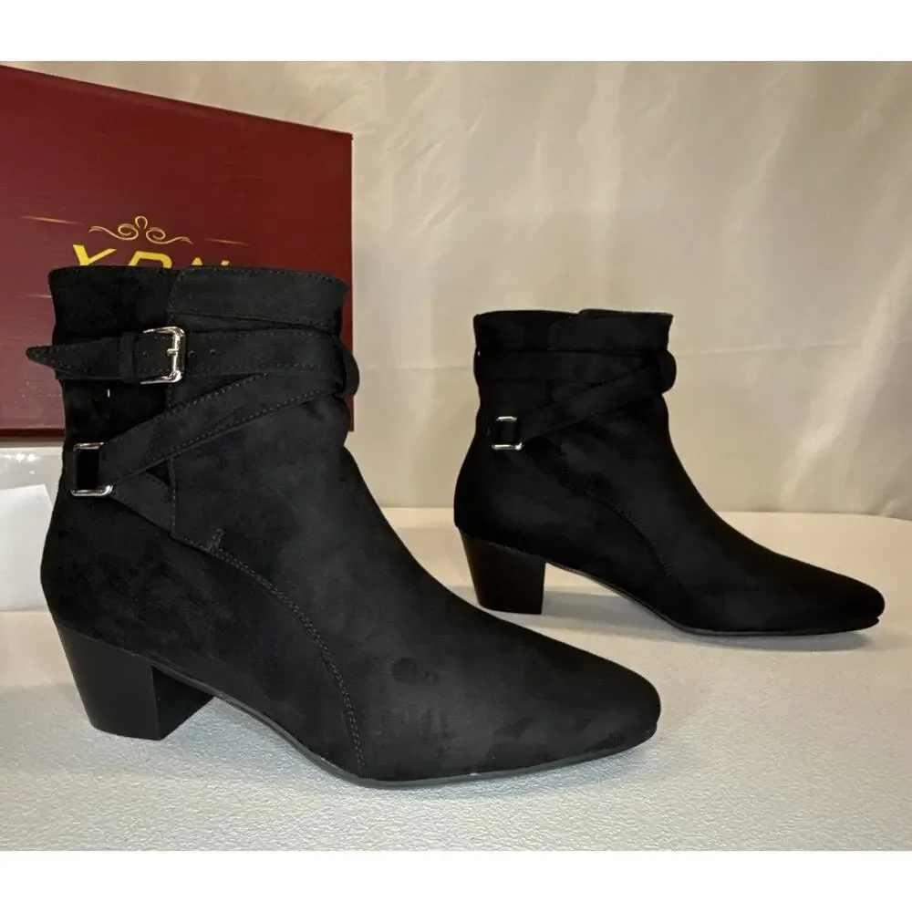 YDN Black Suede Boots Buckle Wrap Strap Block Heel Booties Women’s Size 8